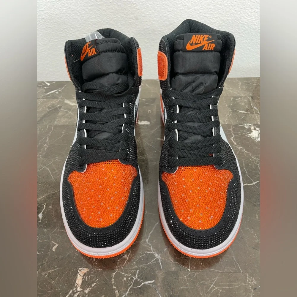 Custom Black, Orange & White Rhinstone Nike Air Jordan Sneakers, Men's 8/ Womens